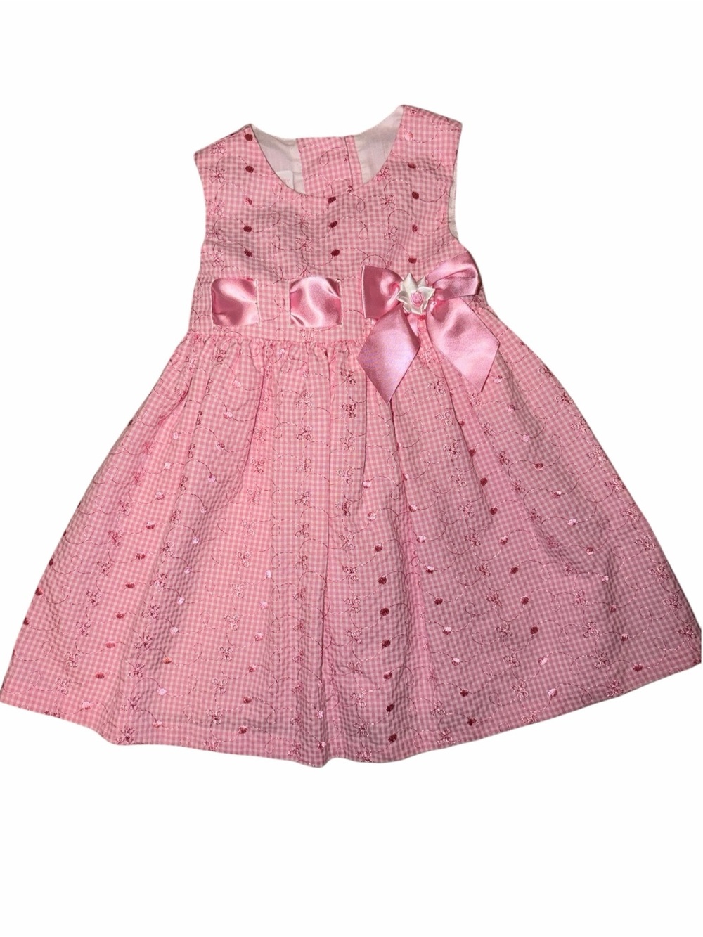 Bonnie Baby Pink Gingham Embroidered Dress 24M Satin Bow Coquette Cottagecore